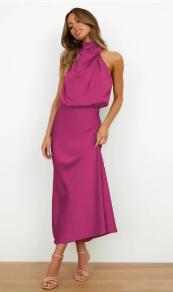 Cascade satin halter midi in magenta, front