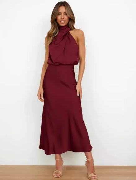 Cascade satin halter midi in wine, front