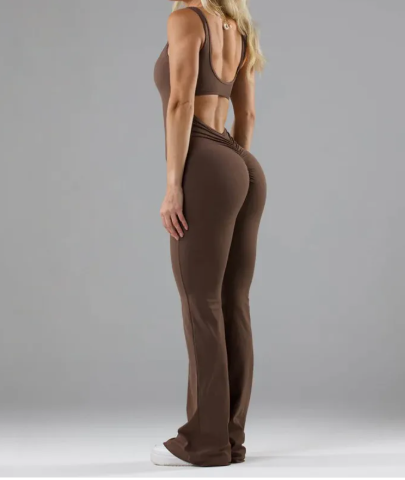 Chevron V-back flared jumpsuit in chocolate, back