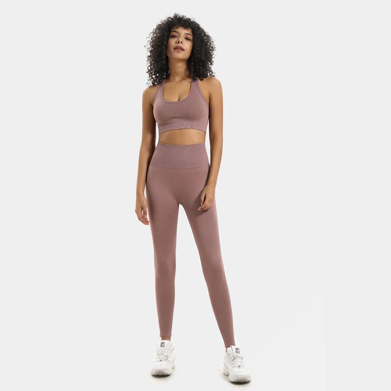 Prune seamless racer bra and legging set in taupe, front
