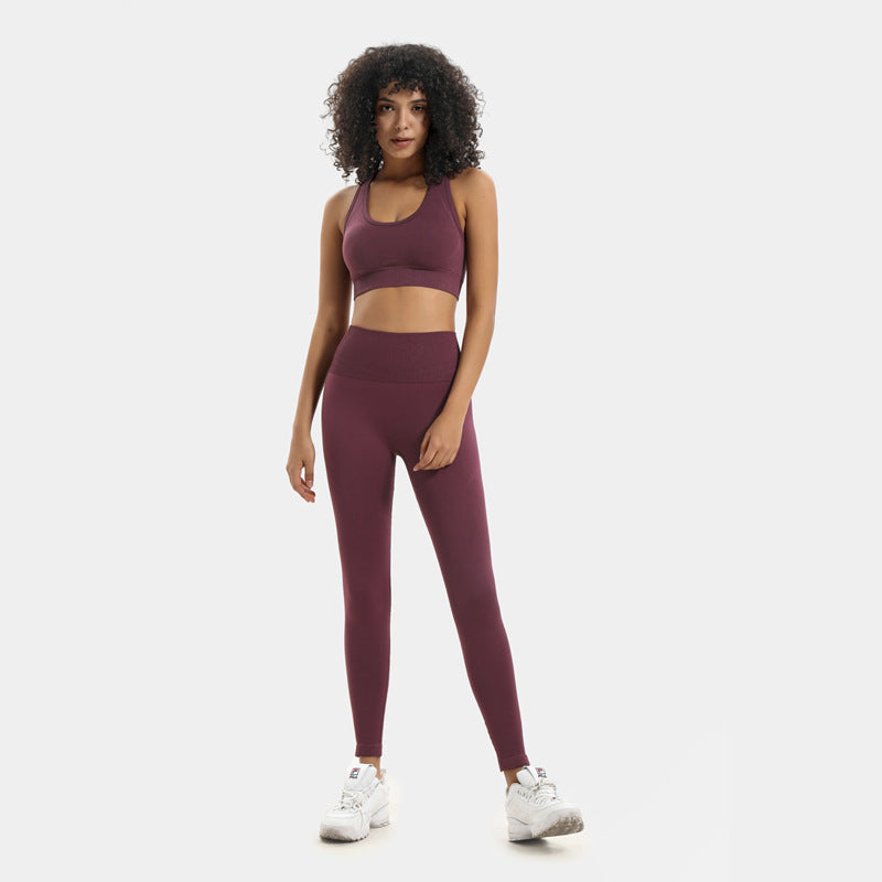 Prune seamless racer bra and legging set in mulberry, front
