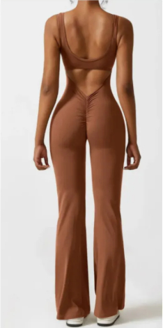Chevron V-back flared jumpsuit in caramel, back