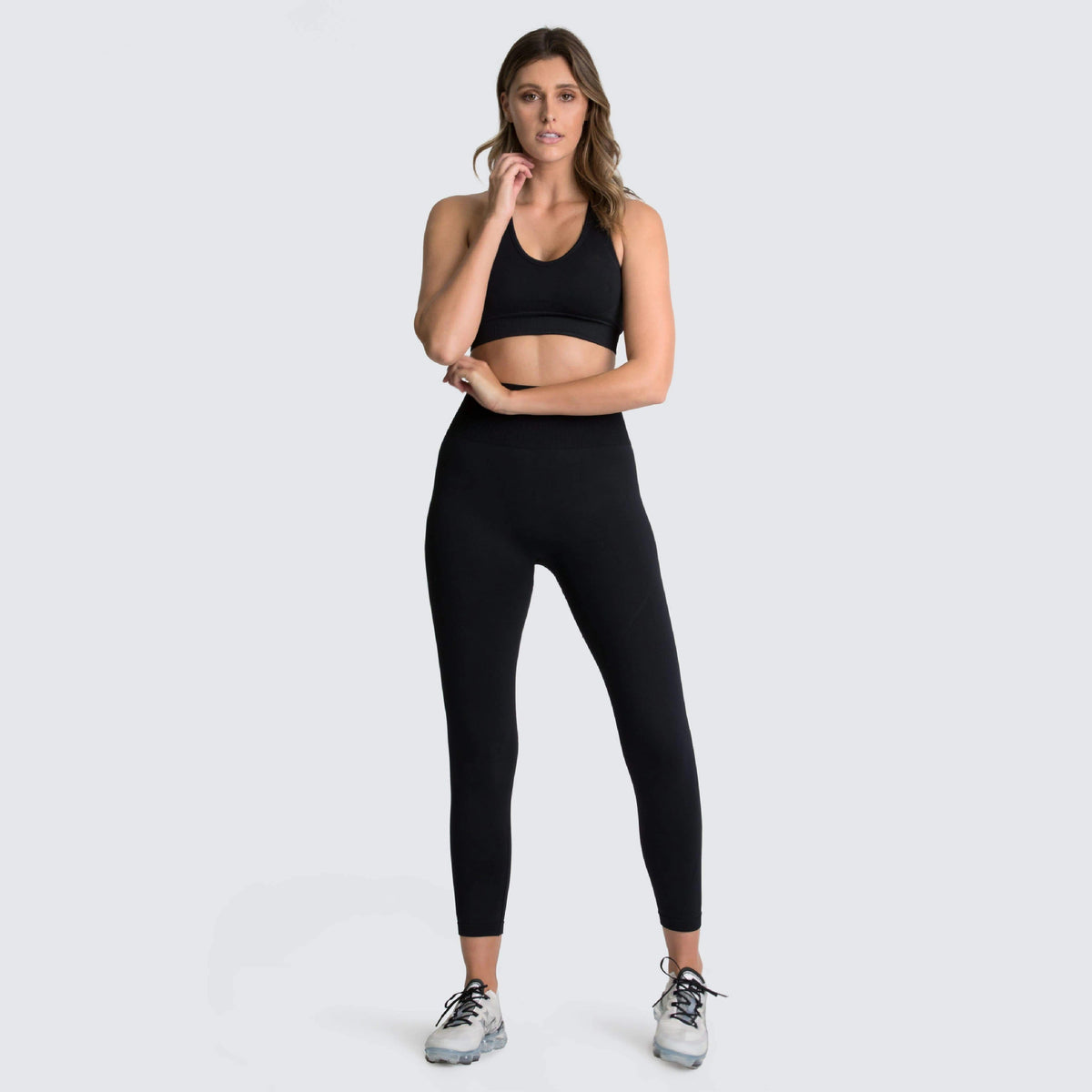Prune seamless racer bra and legging set in black, front