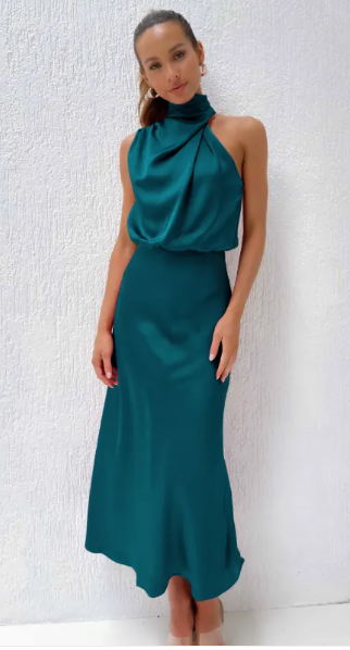 Cascade satin halter midi in teal, front