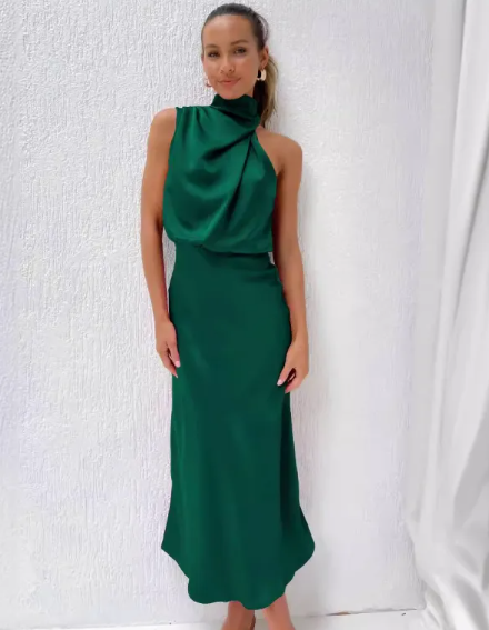 Cascade satin halter midi in emerald, front