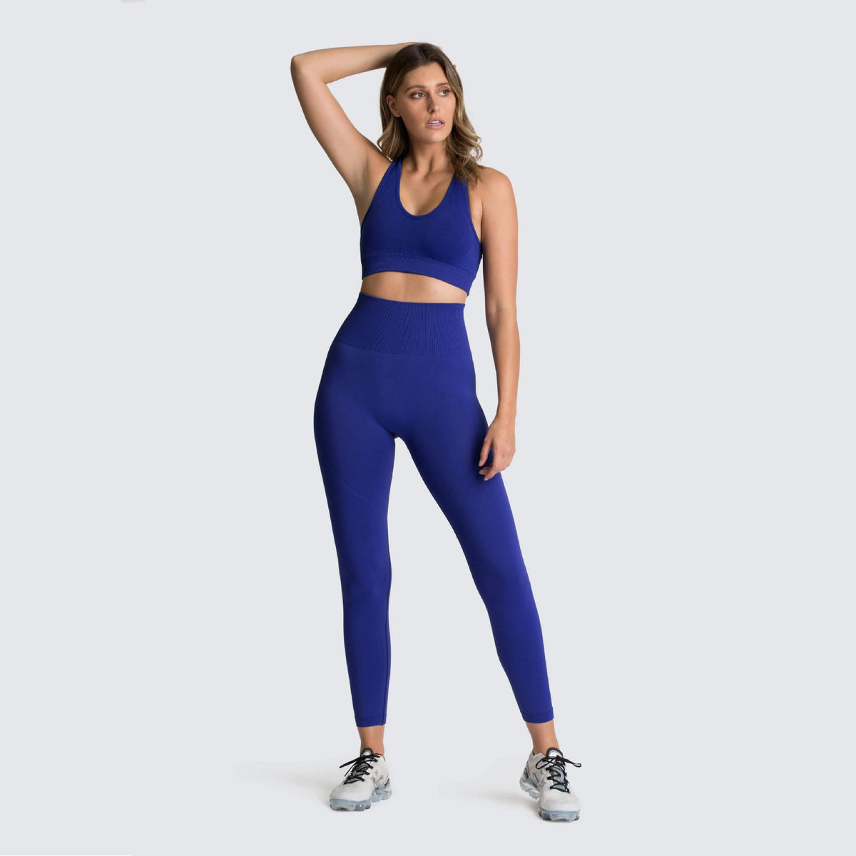 Prune seamless racer bra and legging set in royal blue, front