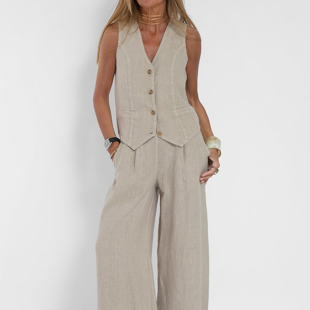 Terrasse — Button vest & wide-leg trouser set