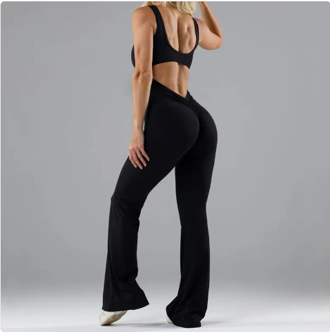 Chevron V-back flared jumpsuit in black, back