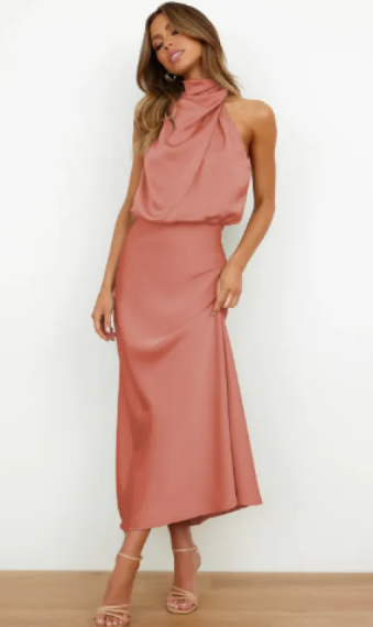 Cascade satin halter midi in coral, front