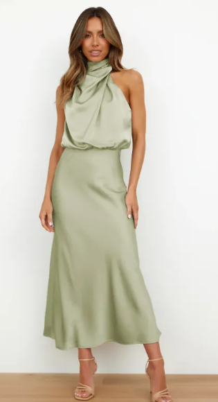 Cascade satin halter midi in sage, front