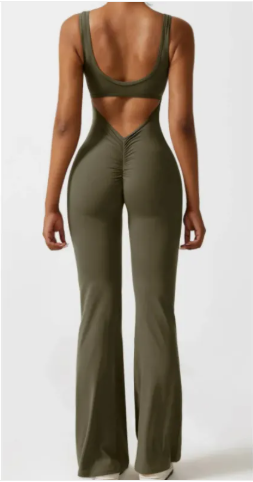 Chevron V-back flared jumpsuit in olive, back