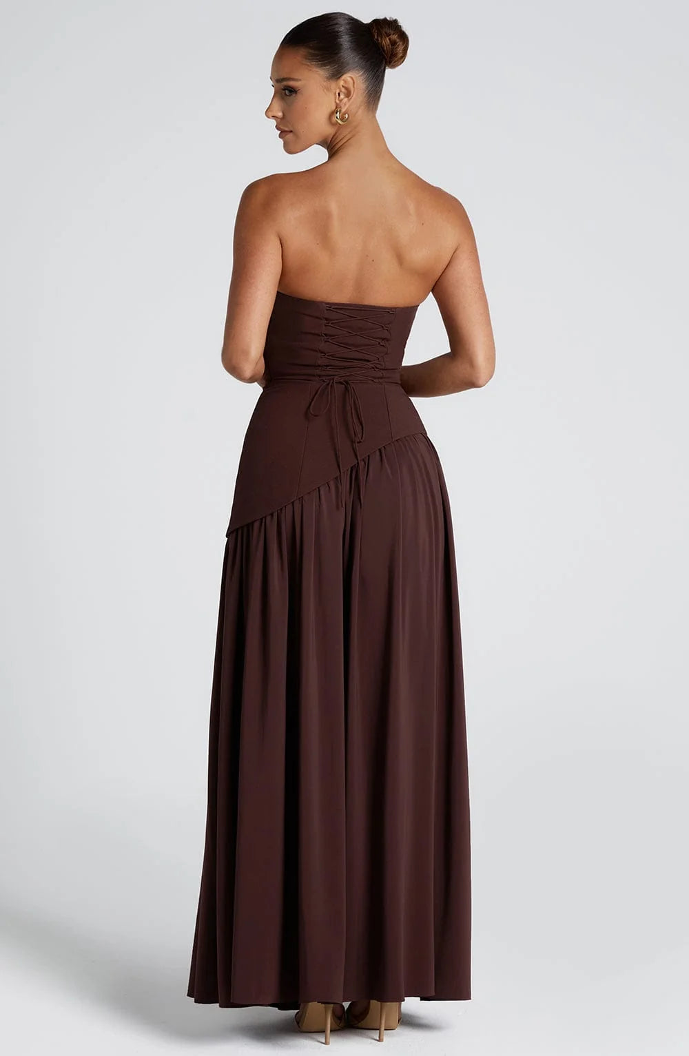 Cacao strapless split maxi in brown, back