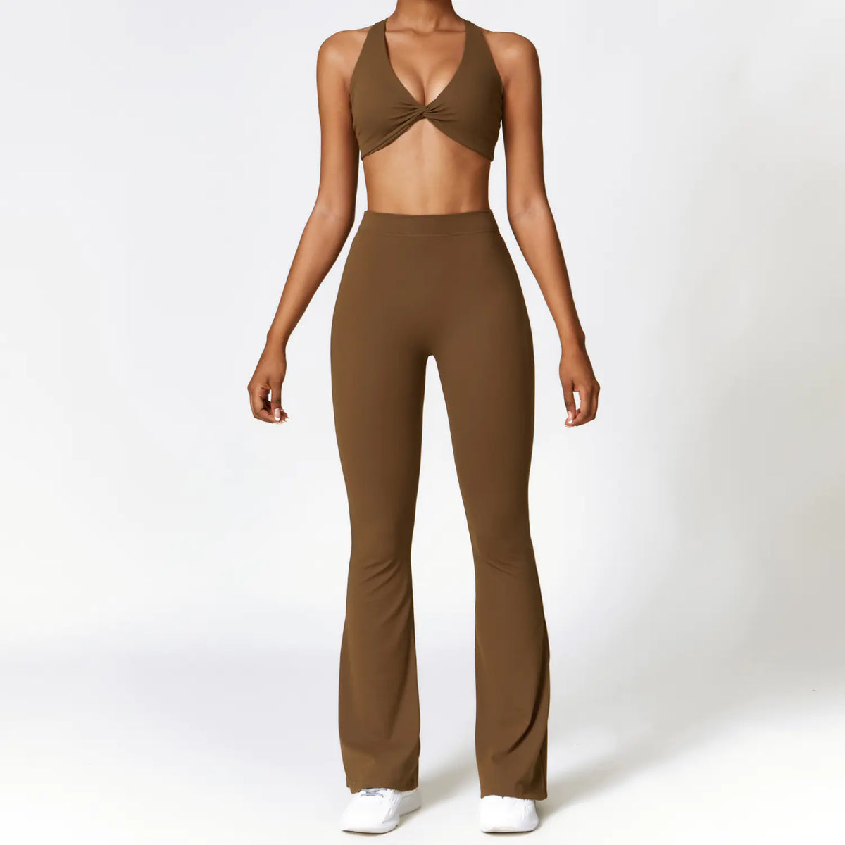 Volute twist halter bra and flared legging set in mocha, front