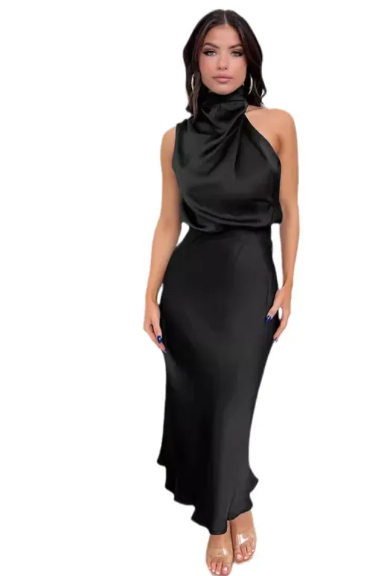 Cascade satin halter midi in black, front