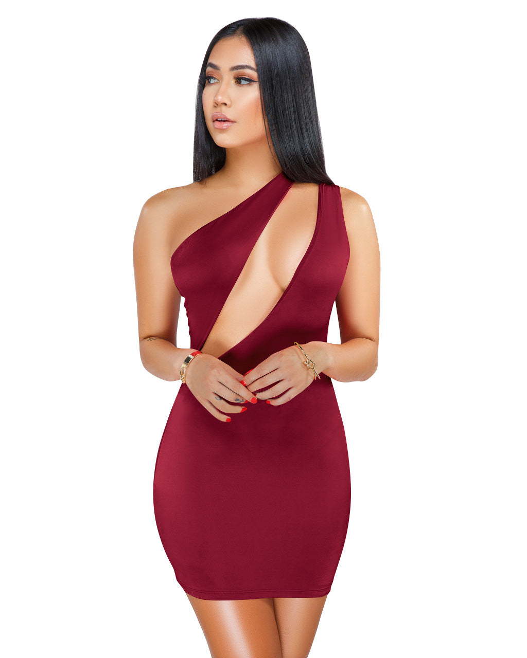 Épaule one-shoulder cut-out mini in wine, front