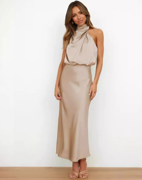 Cascade satin halter midi in champagne, front