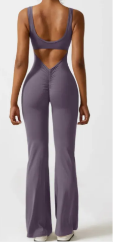Chevron V-back flared jumpsuit in mauve grey, back