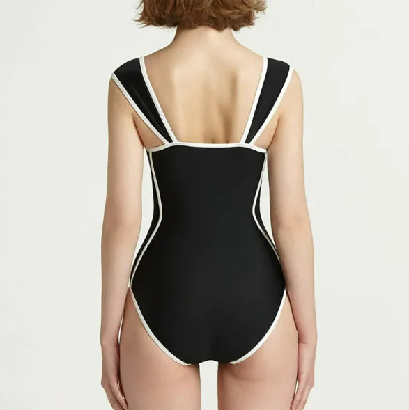 Rétro contrast-trim sweetheart one-piece in black, back