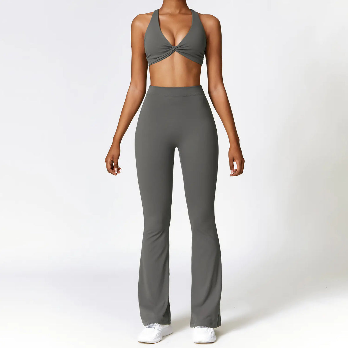 Volute twist halter bra and flared legging set in grey, front