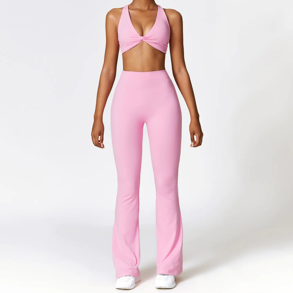 Volute twist halter bra and flared legging set in pink, front
