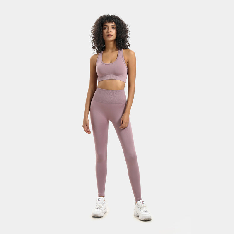 Prune seamless racer bra and legging set in mauve, front