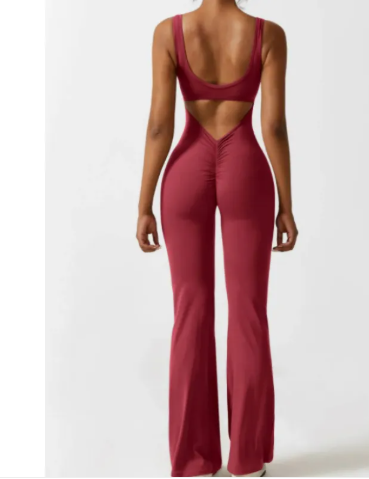 Chevron V-back flared jumpsuit in wine, back
