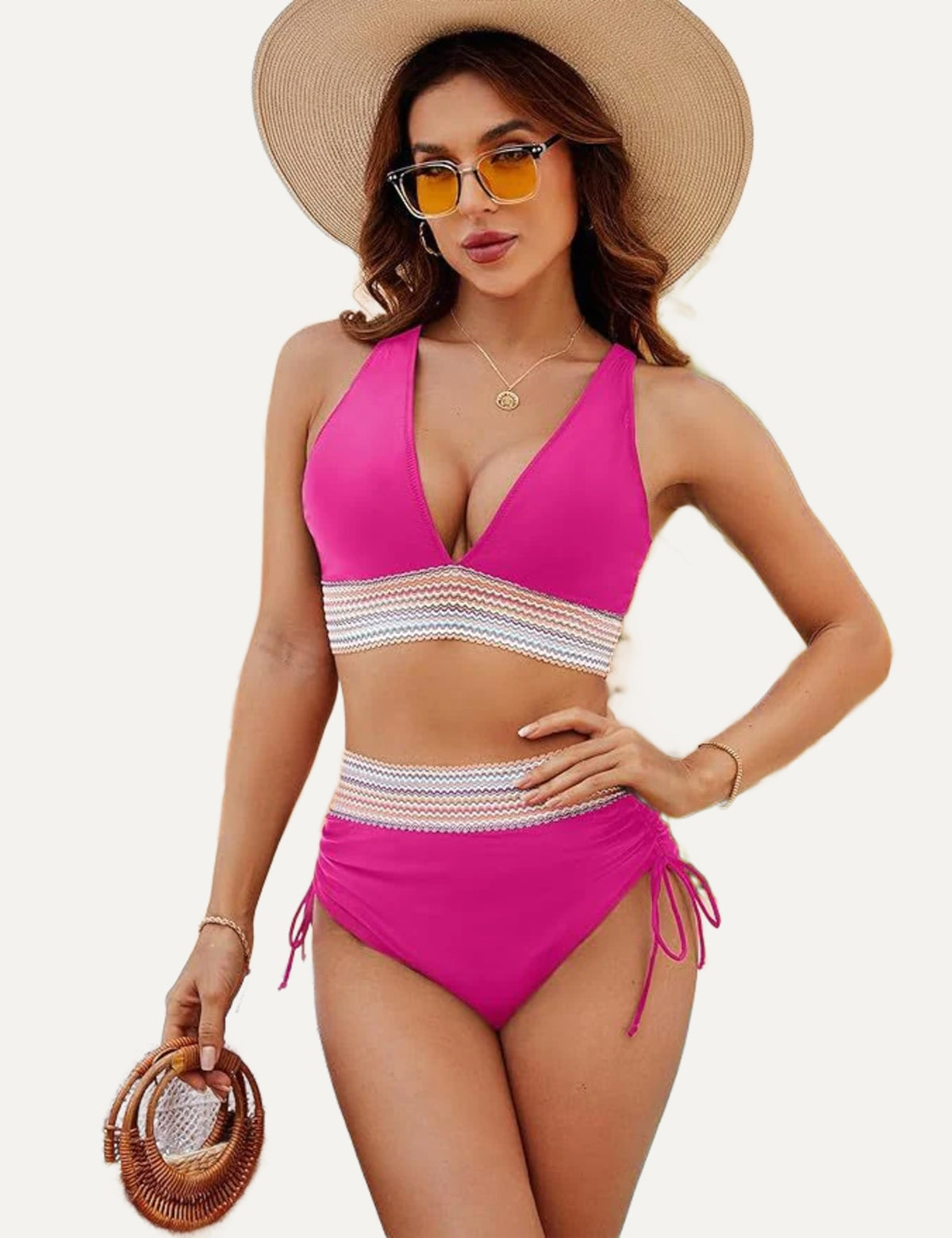 Ruban banded V-neck high-waist bikini in rose red, front