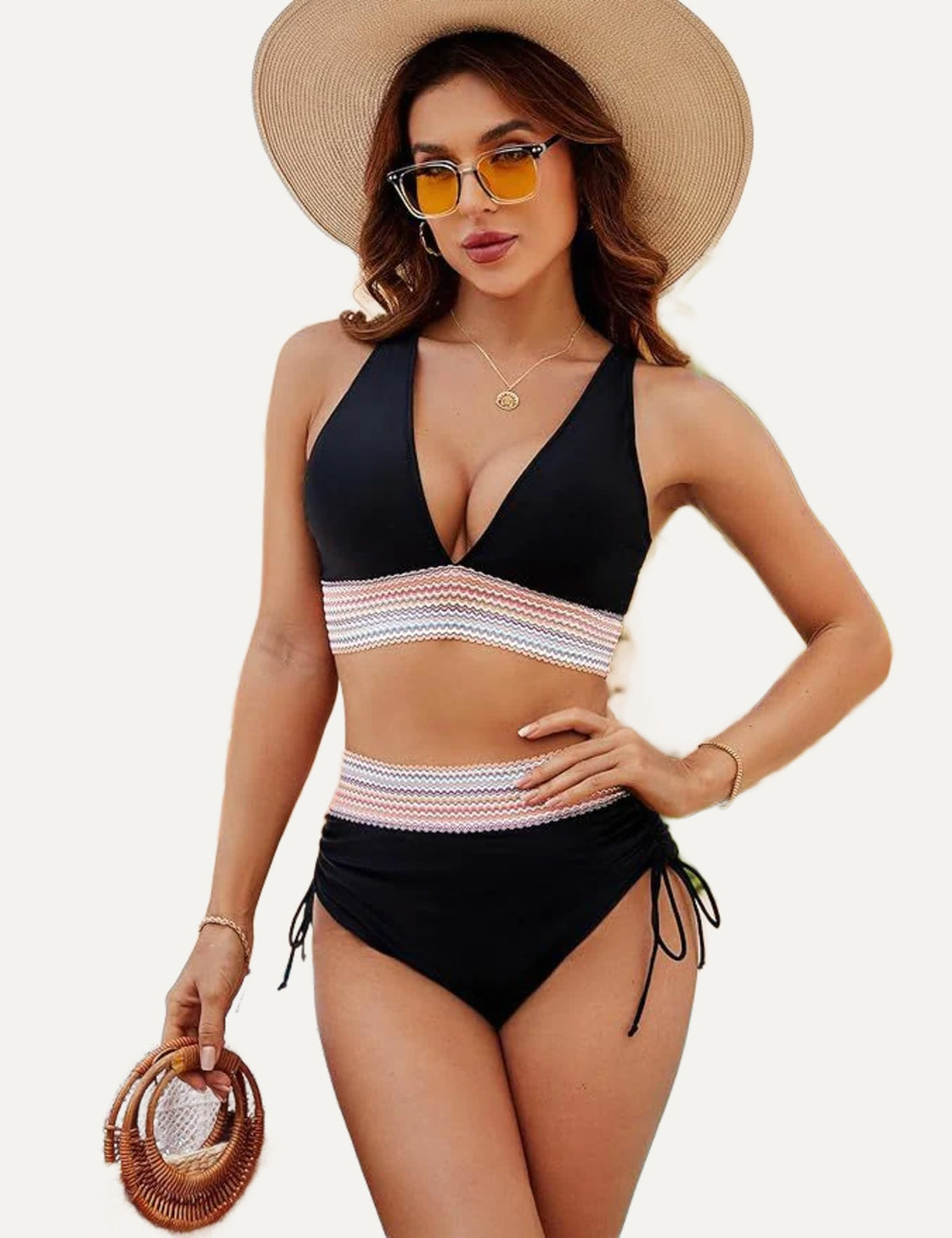 Ruban banded V-neck high-waist bikini in black, front