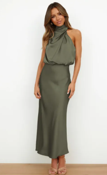 Cascade satin halter midi in olive, front