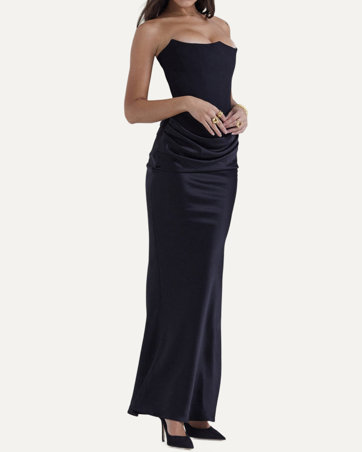 Minuit strapless satin maxi in black, front