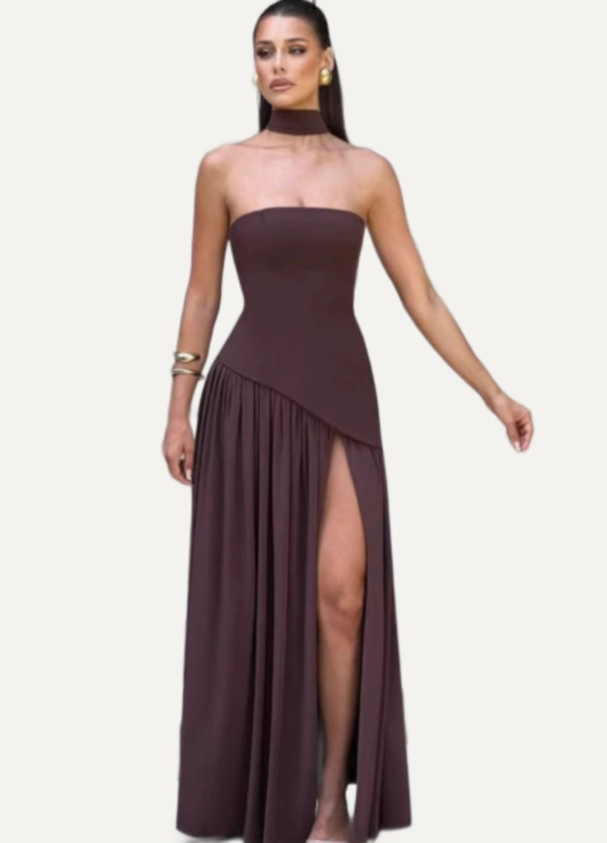 Cacao strapless split maxi in brown, front