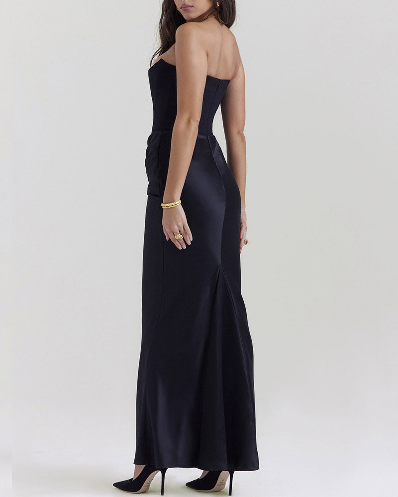 Minuit strapless satin maxi in black, side