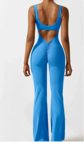 Chevron V-back flared jumpsuit in cobalt, back