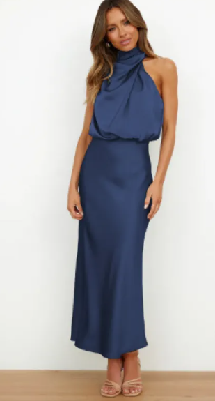Cascade satin halter midi in sapphire, front