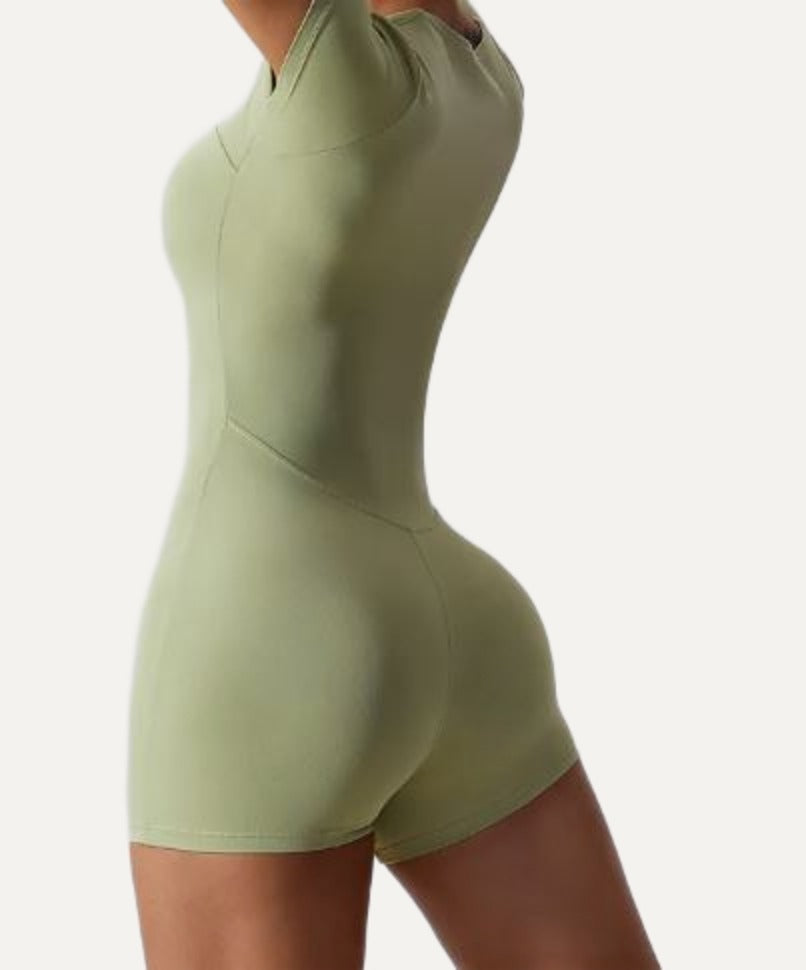 Short-sleeve romper in matcha green, side