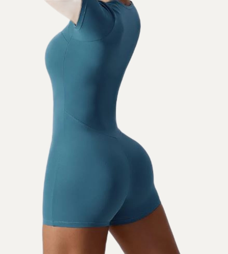 Short-sleeve romper in peacock blue, side