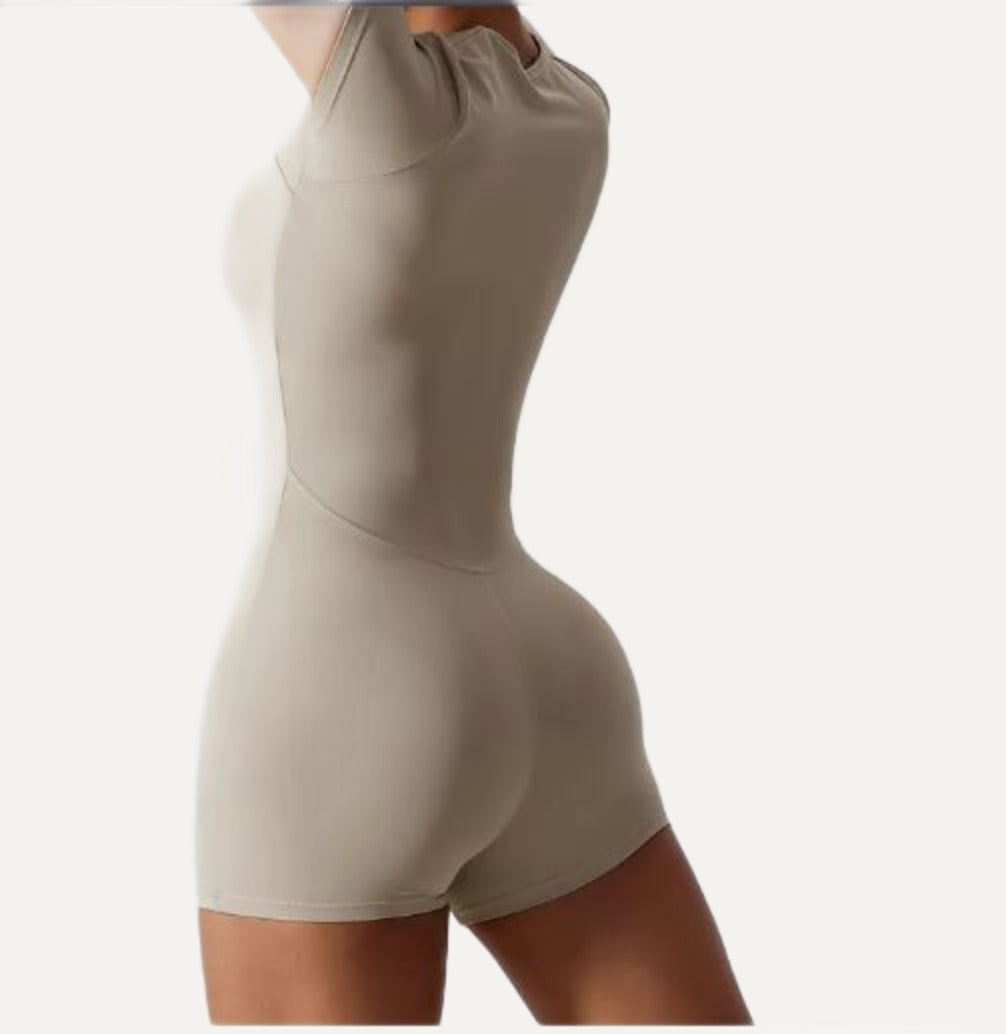 Short-sleeve romper in camel, side