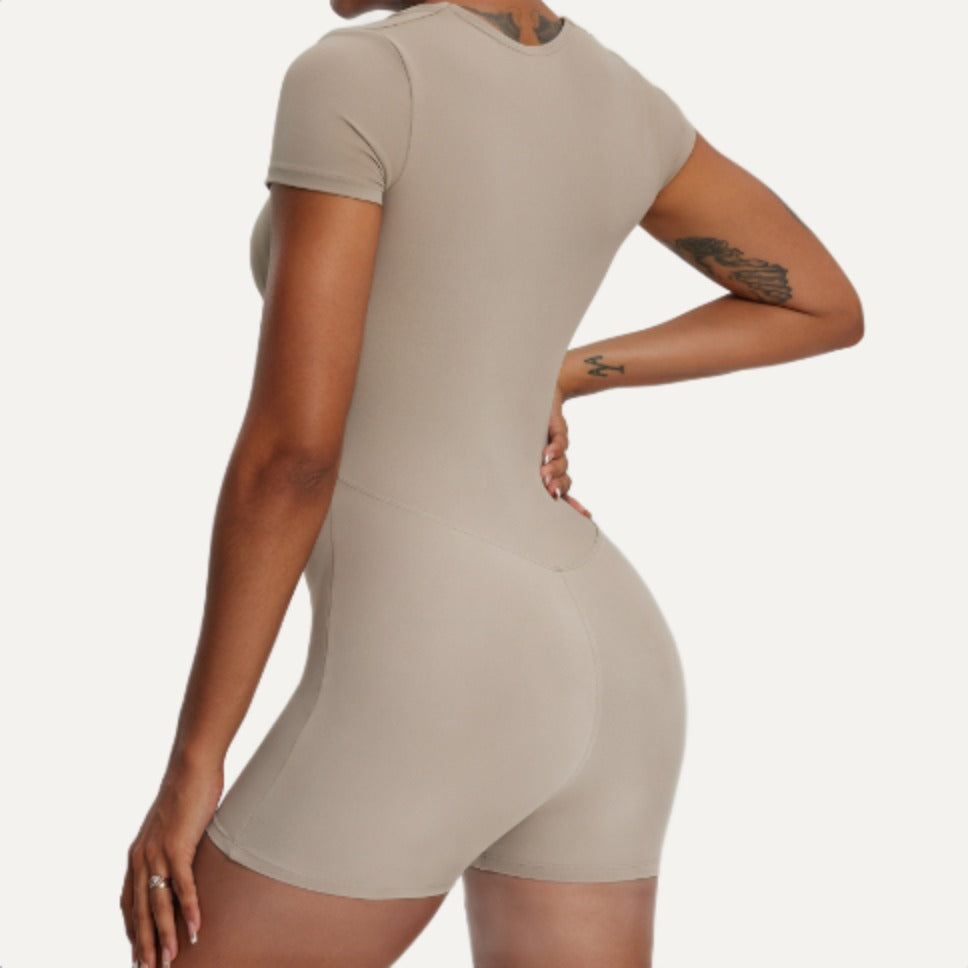 Short-sleeve romper in camel