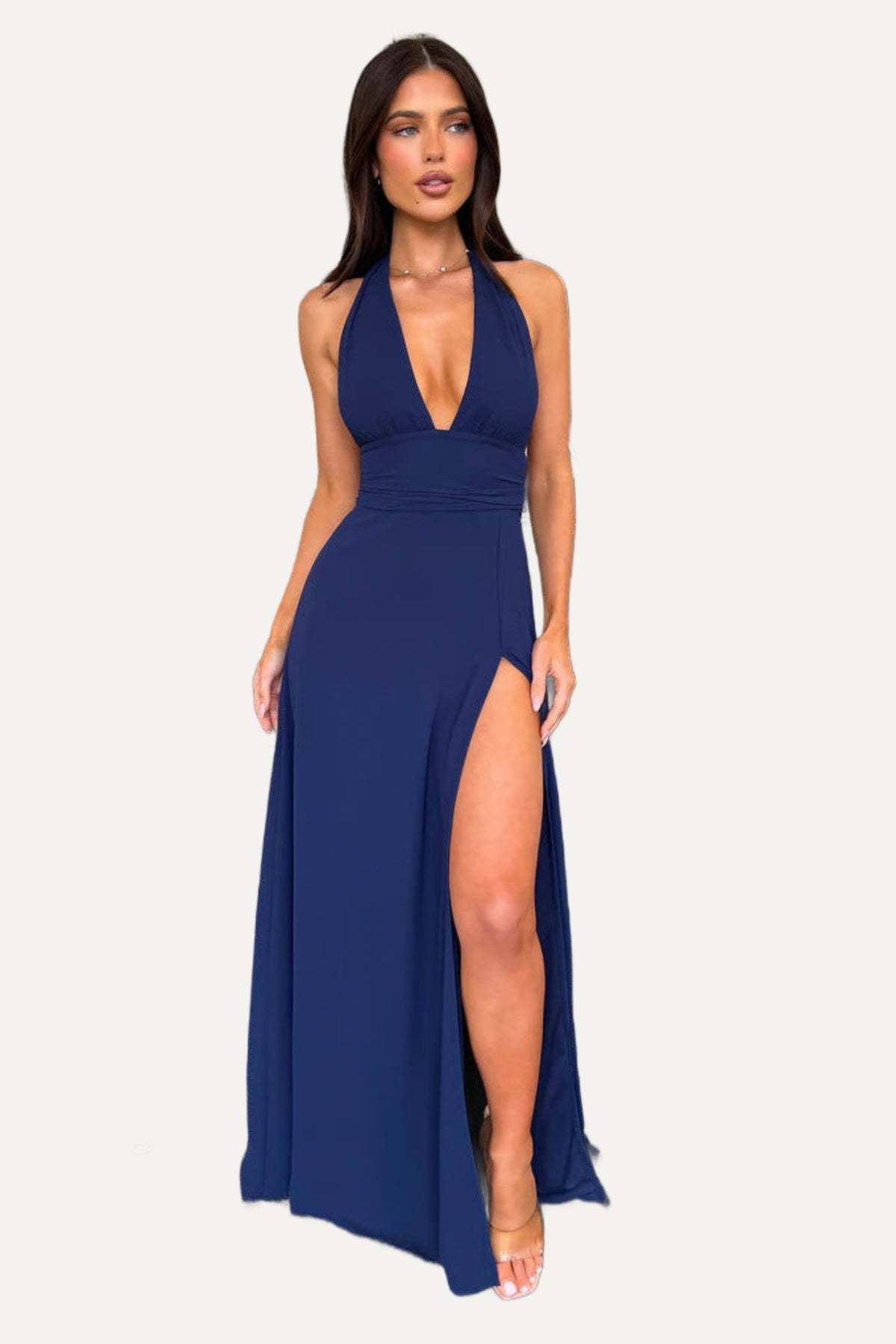 Riviera plunge halter maxi in navy, front
