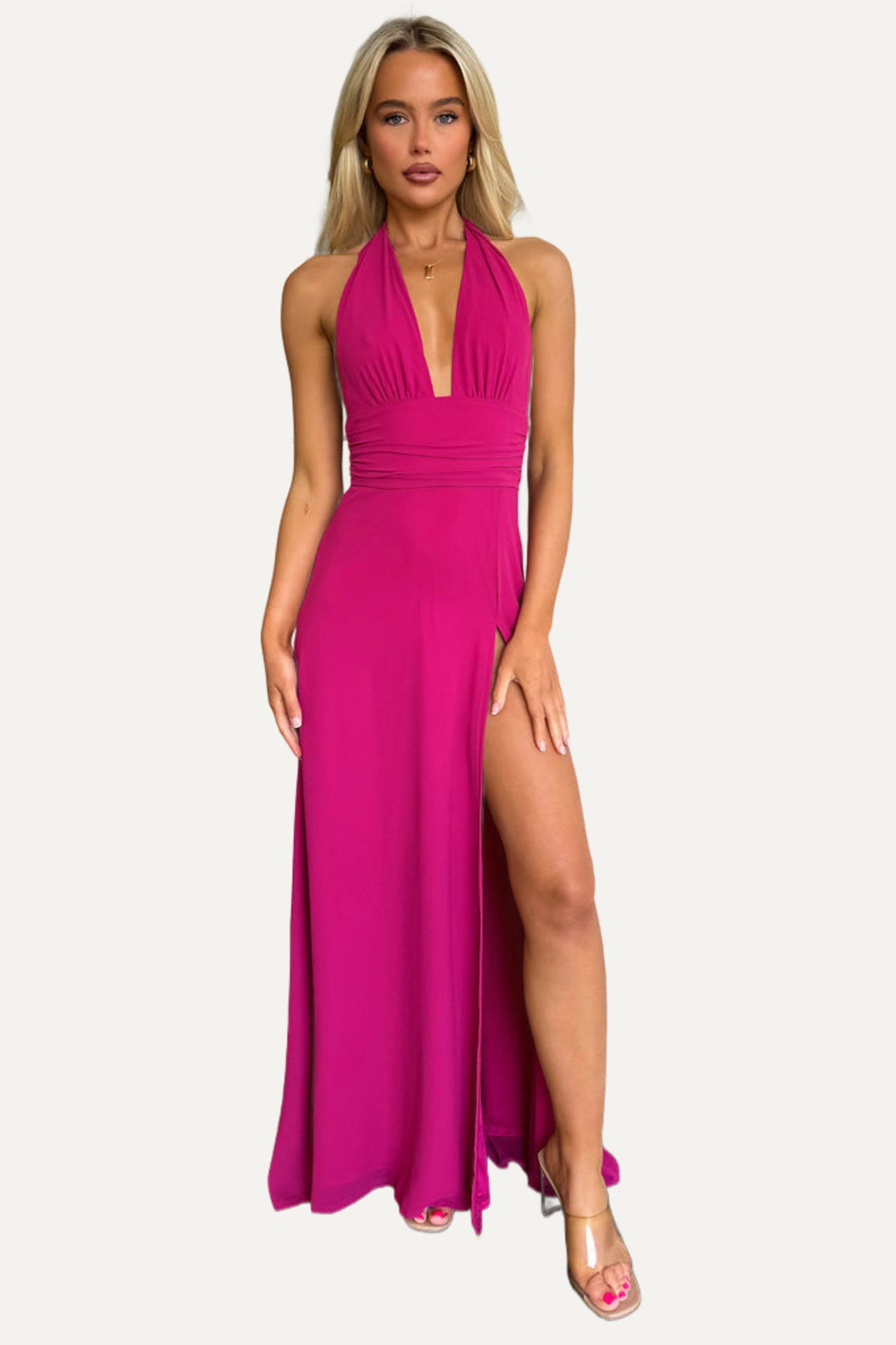 Riviera plunge halter maxi in fuchsia, front