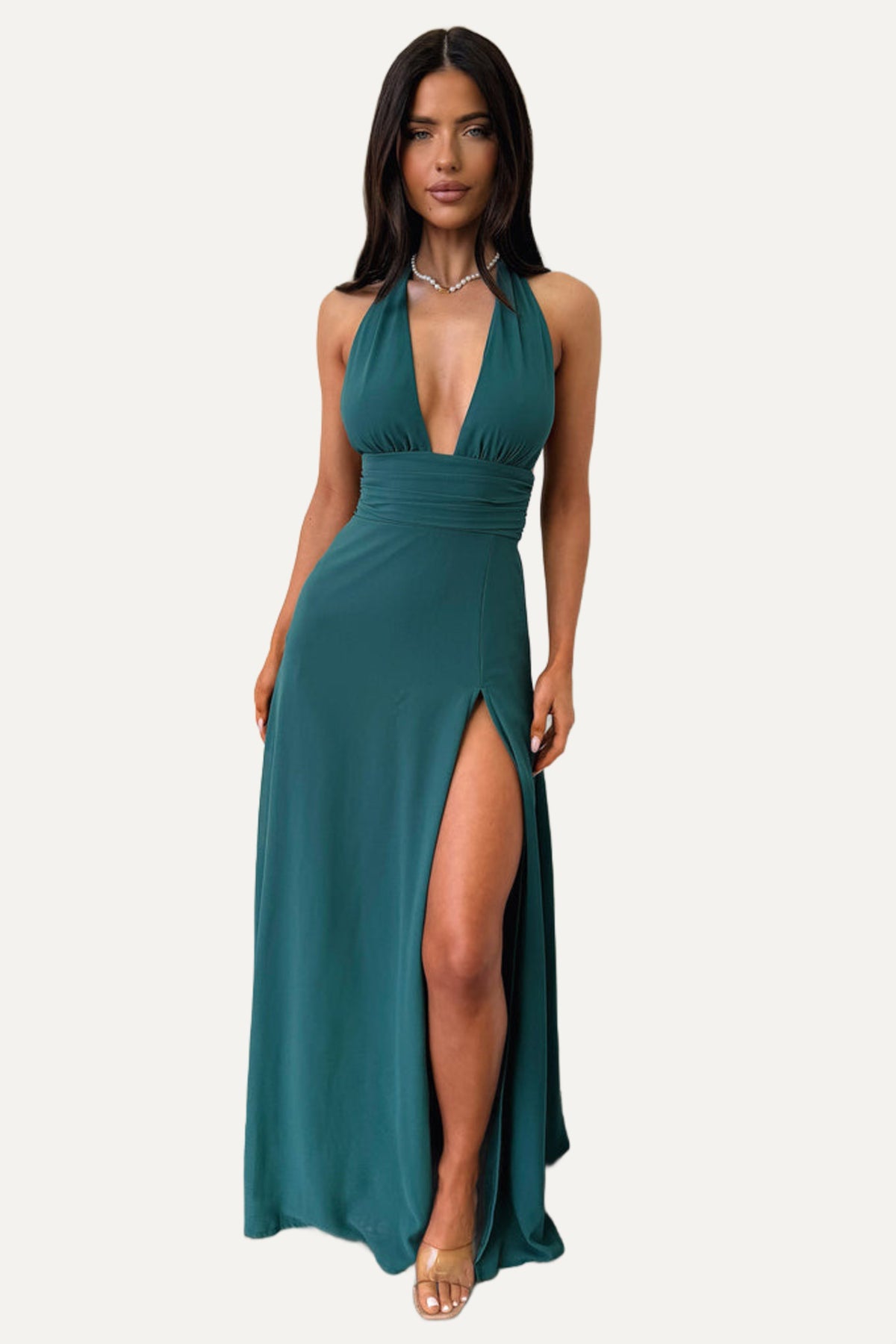 Riviera plunge halter maxi in teal, front