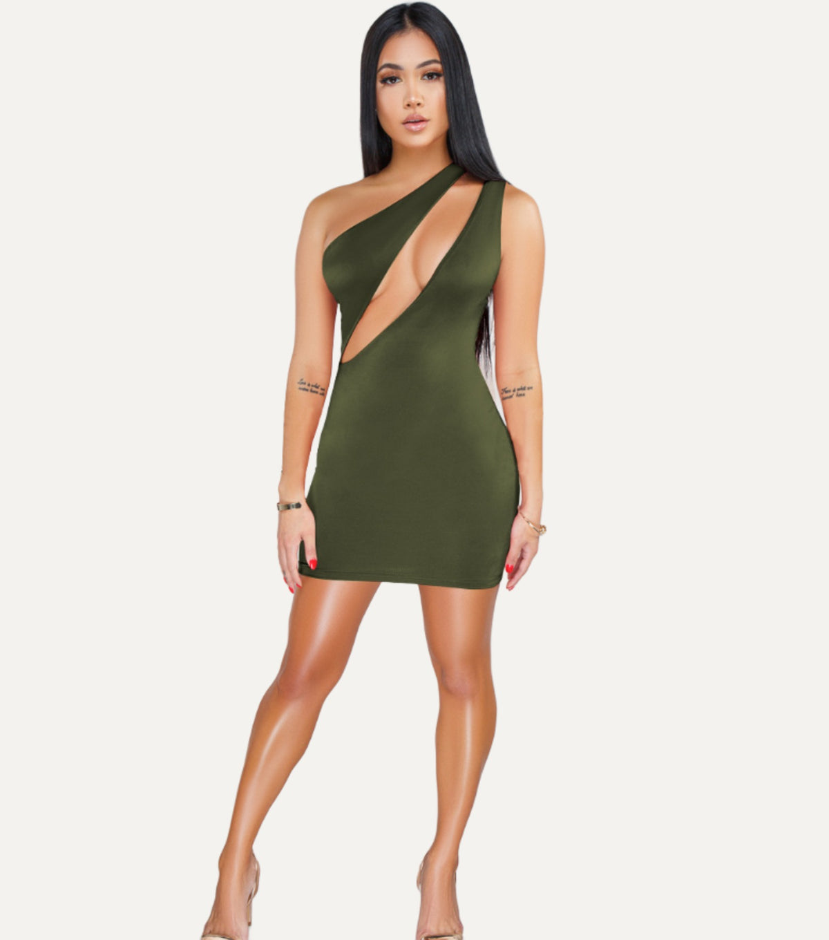 Épaule one-shoulder cut-out mini in olive, front