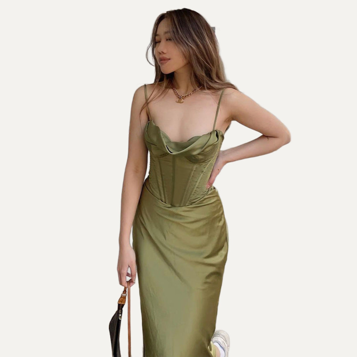 Olive satin corset midi in olive, front