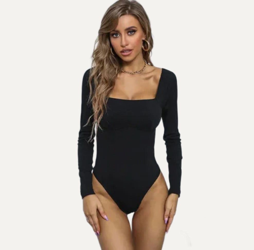 Manche long-sleeve square-neck bodysuit in black, front