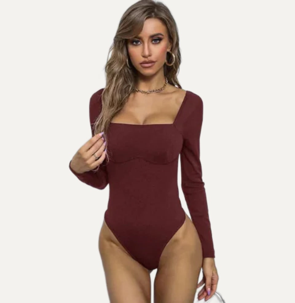 Manche long-sleeve square-neck bodysuit in claret, front