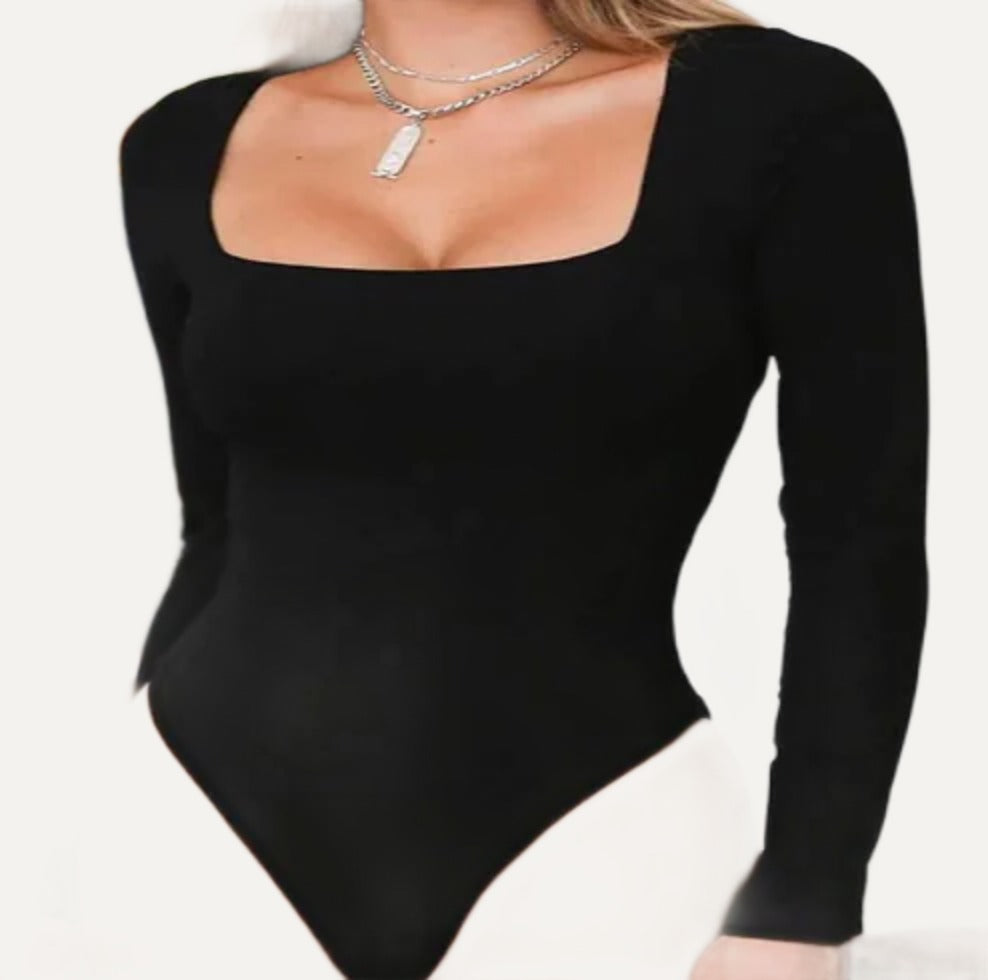 Manche long-sleeve square-neck bodysuit in black, close