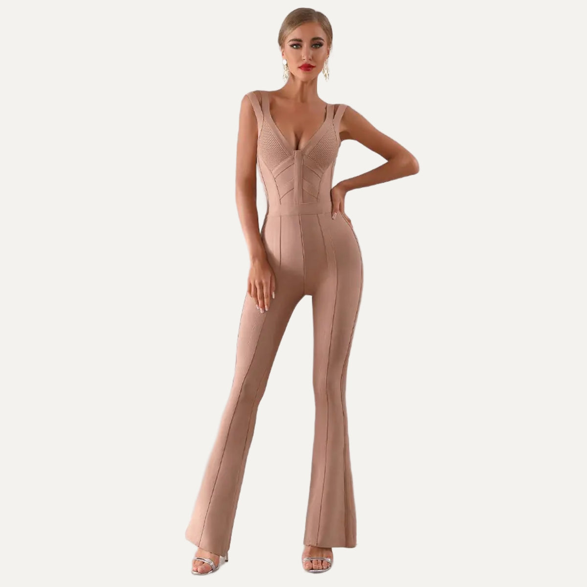 Plongée plunge-neck flared jumpsuit in mocha, front