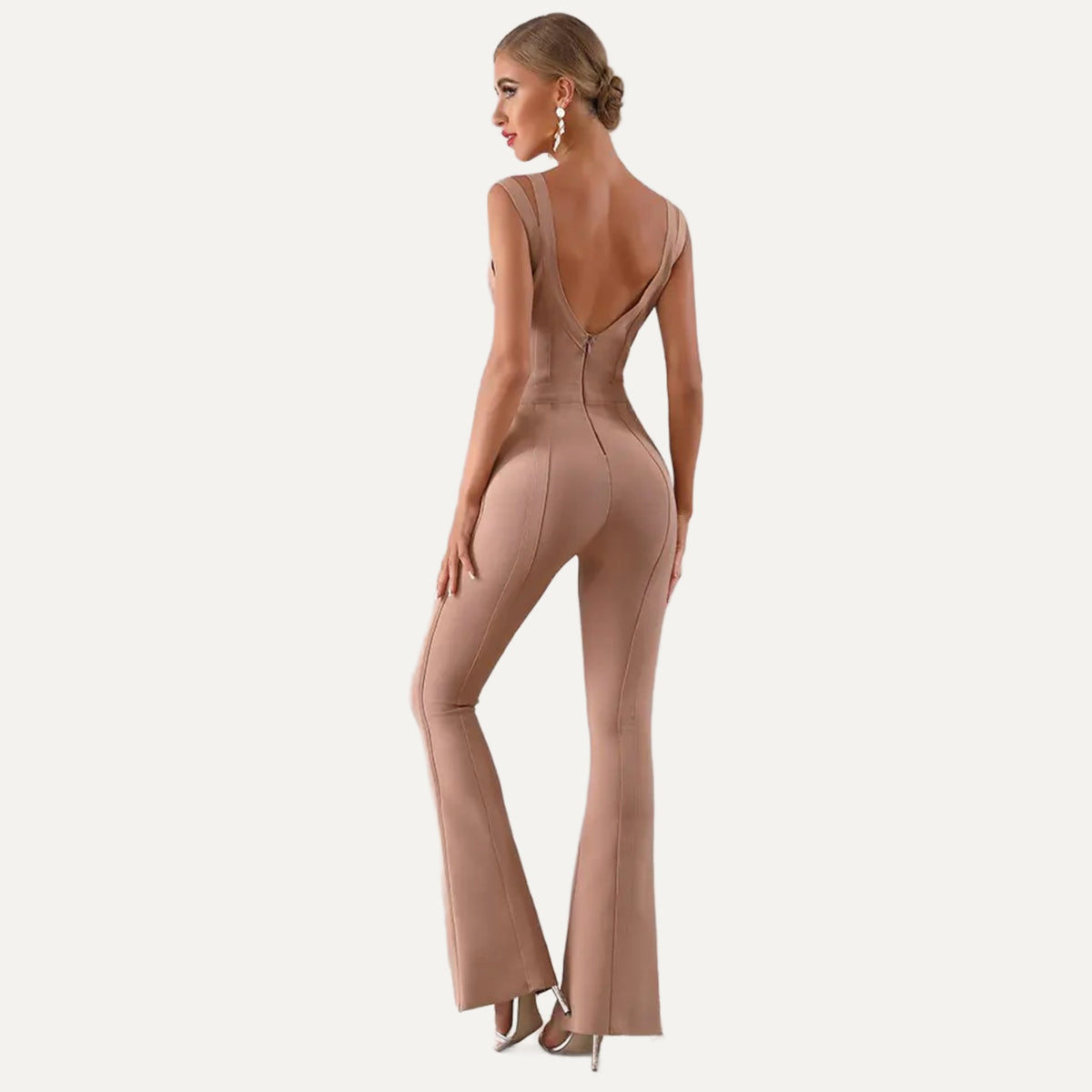 Plongée plunge-neck flared jumpsuit in mocha, back