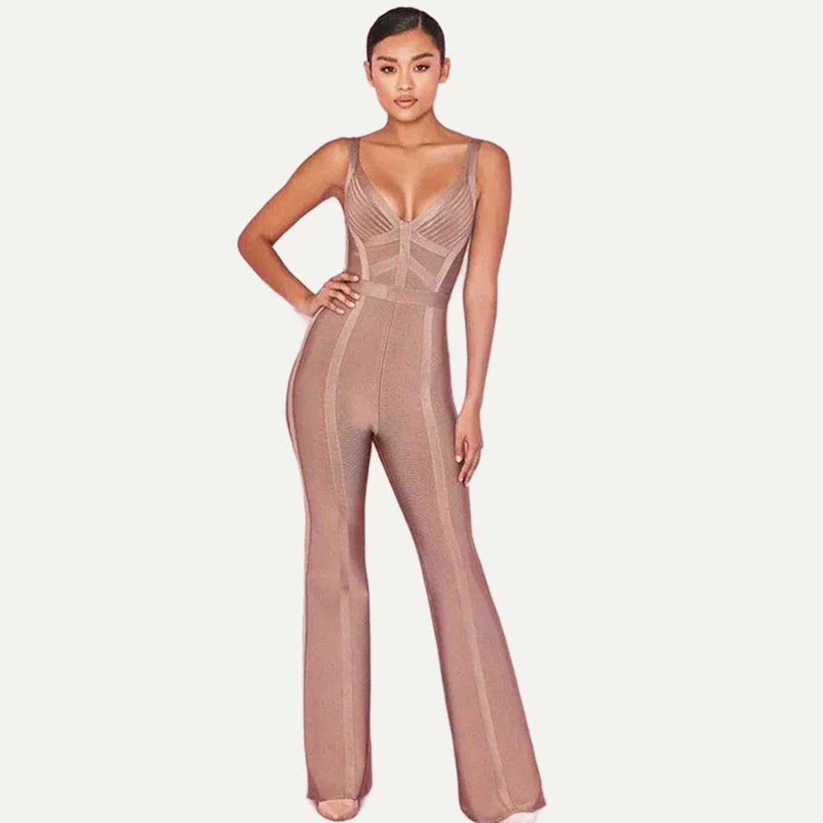 Plongée plunge-neck flared jumpsuit in mocha, front close