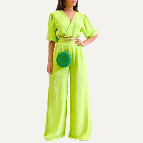 Agrume crop & wide-leg set in lime, front